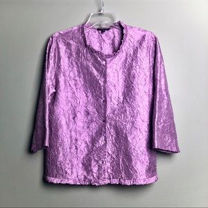 Eileen Fisher Purple Crinkled Silk Button-up Top